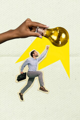 Sticker - Vertical collage picture of mini man jumping reach big arm fingers hold light bulb isolated on creative background