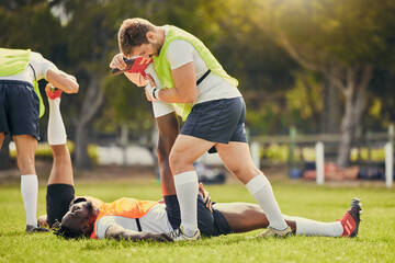 Canvas Print - Rugby sports, men training and stretching outdoor on grass field with team warm up for legs. Athlete group together for fitness, exercise and workout for professional sport with coach and teamwork