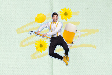 Sticker - Composite collage portrait of mini cheerful guy hold umbrella jump dance big pint beer daisy flower isolated on drawing background