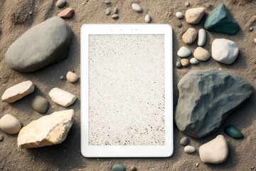 tablet mockup on sand and rocks, generative ai