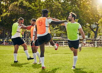 Sticker - Sports, rugby men and training outdoor on grass field with team stretching legs as warm up. Male athlete group together for fitness, exercise and workout for sport with support and club teamwork