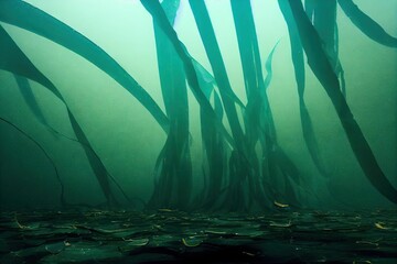 Wall Mural - Long green algae underwater in seascape., created with generative ai