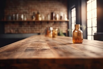 Brown wooden table with bokeh picture of interior kitchen bench. Generative AI