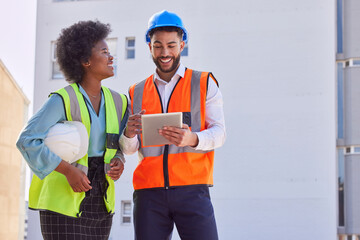 Aufkleber - Architecture, tablet and teamwork with people on construction site for inspection, planning or project management. Engineering, buildings and designer with happy man and black woman for development