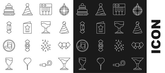 Canvas Print - Set line Cocktail, Bow tie, Party hat, Music synthesizer, Greeting card, Candy, Cake and icon. Vector