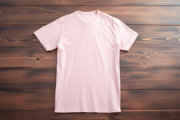 blank pink t-shirt flatlay mockup on wooden background, template for t-shirt graphics for webshops, generative ai