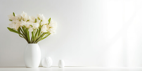 Wall Mural - beautiful spring easter flowers in white vase isolated on white background, bright morning lights, copy space, generative ai