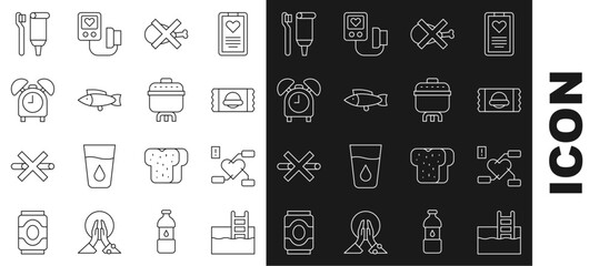 Poster - Set line Swimming pool with ladder, Attention to health heart, Sports nutrition, No meat, Fish, Alarm clock, Toothbrush and toothpaste and Cooking pot icon. Vector