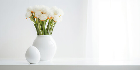 Canvas Print - beautiful spring easter flowers in white vase isolated on white background, bright morning lights, copy space, generative ai