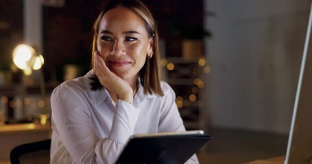 Aufkleber - Tablet, thinking and business woman at night in office smile working online, research and website. Networking, idea and happy female worker on digital tech for internet project, planning and strategy