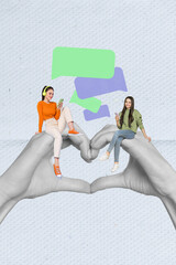 Wall Mural - Creative minimal collage of young two friends together chatting online communicating messenger receive information isolated on gray background