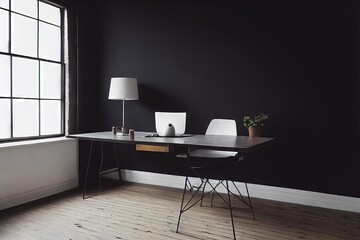 Canvas Print - Picture frame mockup in interior with dark grey walls and table., created with generative ai