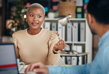 Poster - Black woman, conversation and talking business people, office friends or partnership team consulting on project. Communication, collaboration and employees speaking, chat and discussion on strategy
