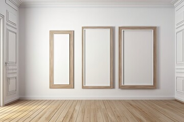 A white wall and three wooden frames on a wooden floor. Interior is empty. mockup of a vertical wooden frame. White parquet. Interior design. Triptych. Pass anywhere frame. Generative AI