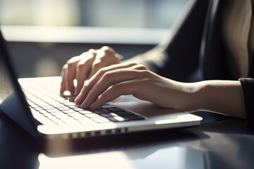 Poster - Close-up of businesswoman hands typing on laptop keyboard in office, Generative AI