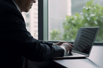Poster - Businessman using laptop computer in office. Business and technology concept. Generative AI