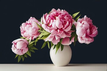 Sticker - Lush pink bouquet of peon flowers in white vase on table on black background., created with generative ai