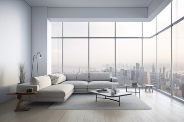 Poster - An inside side view shows a couch, a little glass table, a blank wall, and a view of the city. a mockup. Generative AI