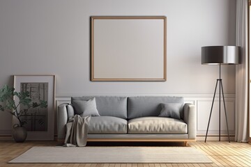 Sticker - The room has parquet flooring, a sofa, an internal lamp, and an empty picture frame on the wall. Generative AI