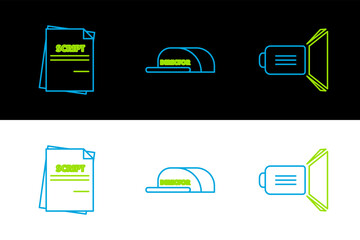 Poster - Set line Movie spotlight, Scenario and Cap with inscription director icon. Vector