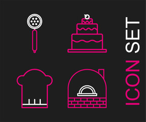 Sticker - Set line Brick stove, Chef hat, Cake and Strainer spoon icon. Vector