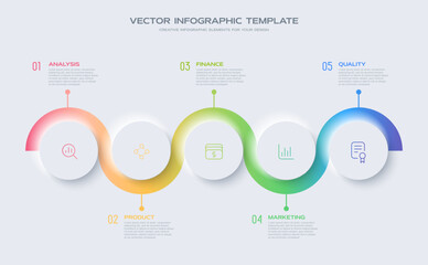 Wall Mural - Neumorphism design infographic, 5 step timeline illustration. Minimal clean design.