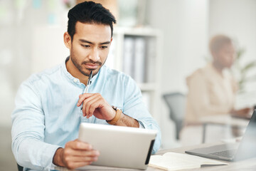 Aufkleber - Reading, tablet and business man in office with research, information or internet browsing. Thinking, technology idea and male professional with touch screen for web scrolling, networking or email.