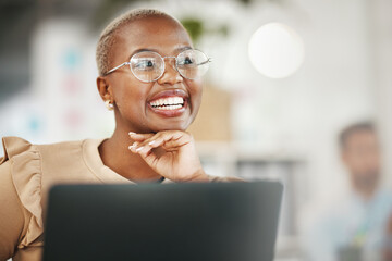 Poster - Happy black woman, thinking and smile, relax at desk with laptop for content creation ideas at digital marketing startup. Copywriter, female and contemplating with inspiration for copywriting job