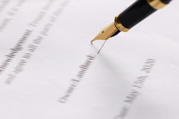 Poster - Writing on document with fountain pen, closeup. Notary contract