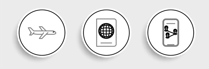 Poster - Set line Infographic of city map navigation, Plane and Passport with biometric data icon. Vector