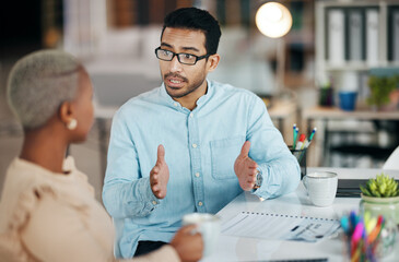 Aufkleber - Teamwork, planning or business people in conversation in meeting in digital agency working on a sales project. Collaboration, startup or employees talking or speaking of our vision or strategy ideas