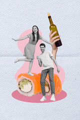 Sticker - Vertical collage picture of two excited black white gamma mini people dancing big sushi roll arm hold wine bottle isolated on creative background