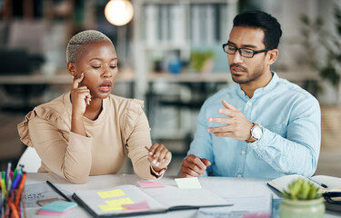 Aufkleber - Collaboration, planning or discussion with a business team at work on the company mission in the office. Teamwork, strategy and documents with professional people brainstorm thinking while working