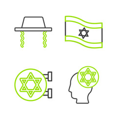 Sticker - Set line Orthodox jewish hat, Jewish synagogue, Flag of Israel and icon. Vector