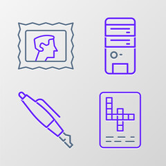 Poster - Set line Crossword, Fountain pen nib, Computer and Postal stamp icon. Vector