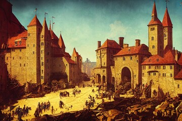 Wall Mural - Ancient medieval city street with people historical scene background digital illustration., created with generative ai