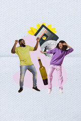 Poster - Vertical collage portrait of two mini carefree people chilling dancing wine bottle tape recorder cassette disco ball flower