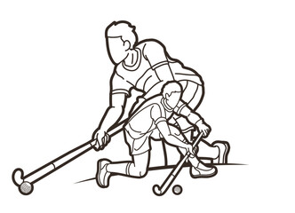 Field Hockey Sport Team Male Players Mix Action Cartoon Graphic Vector