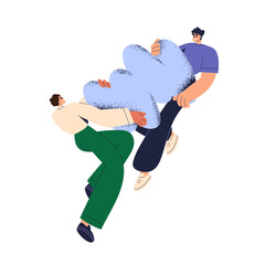 Leinwandbilder - Partners holding abstract shape together. Partnership, team work, business cooperation, synergy concept. Creative characters in collaboration. Flat vector illustration isolated on white background