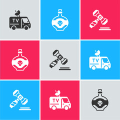 Canvas Print - Set TV News car, Poison in bottle and Judge gavel icon. Vector