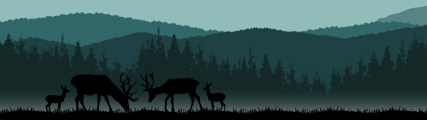 Wall Mural - Black silhouette of fir trees and wild deer, landscape panorama illustration icon vector for forest wildlife adventure camping logo, isolated on white background