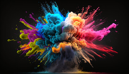 Colorful paint explosion isolated on black background. AI generated