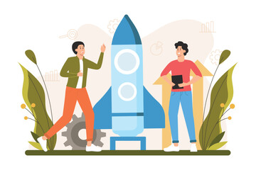 Aufkleber - Business startup color concept with people scene in the flat cartoon style. Two friends decided to launch their first startup. Vector illustration.