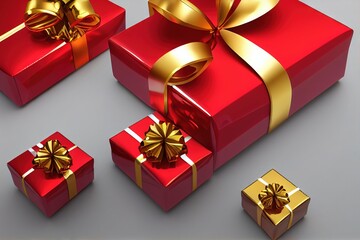 Sticker - Christmas Gift Boxes Stack Red With Big Gold Bow., created with generative ai