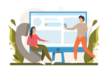 Poster - Call center color concept with people scene in the flat cartoon design. Call center employees answer customer calls and massages to help. Vector illustration.