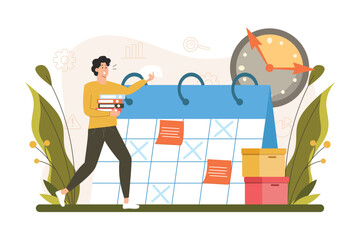 Aufkleber - Deadline color concept with people scene in the flat cartoon style. Man is truing to complete all tasks before meeting deadlines. Vector illustration.