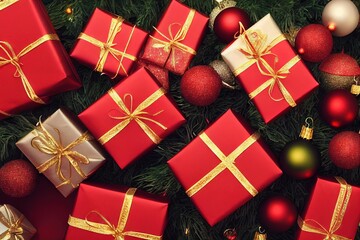 Sticker - Red and gold Christmas gift boxes stack on spruce branches with festive balls., created with generative ai