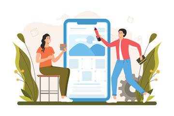 Aufkleber - Design studio color concept with people scene in the flat cartoon style. Team of creative designers create new big project on the studio. Vector illustration.