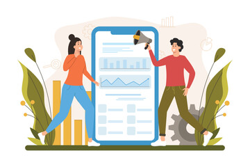 Aufkleber - Digital marketing color concept with people scene in the flat cartoon design. Team of marketers advertise different goods and services on the Internet sites. Vector illustration.