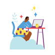 Woman sitting at desk with laptop and dreaming flat style